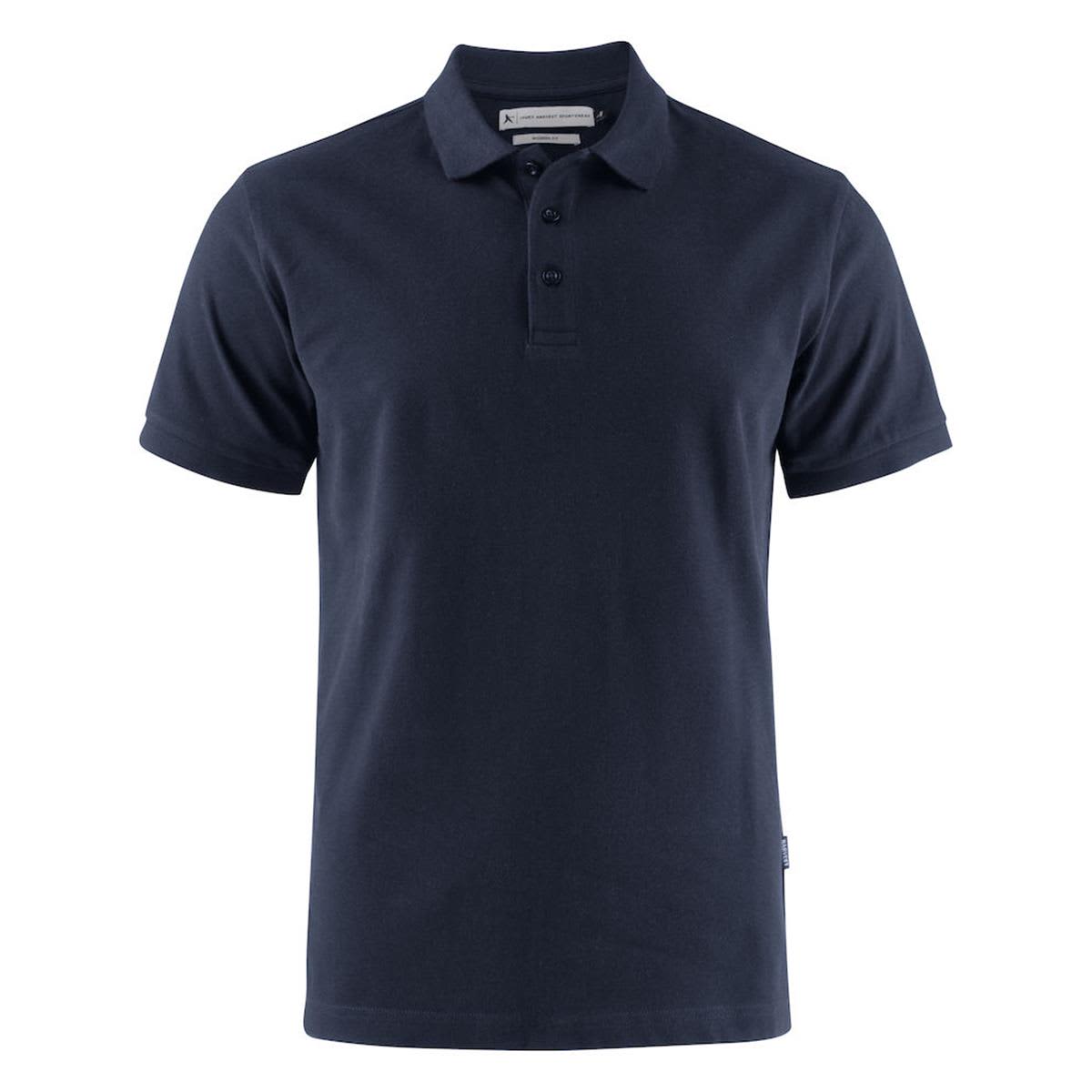 A navy blue men's cotton polo shirt with a collar and three-button placket. It features a logo on the side. Neptune Modern Men's Cotton Polo - Image 1