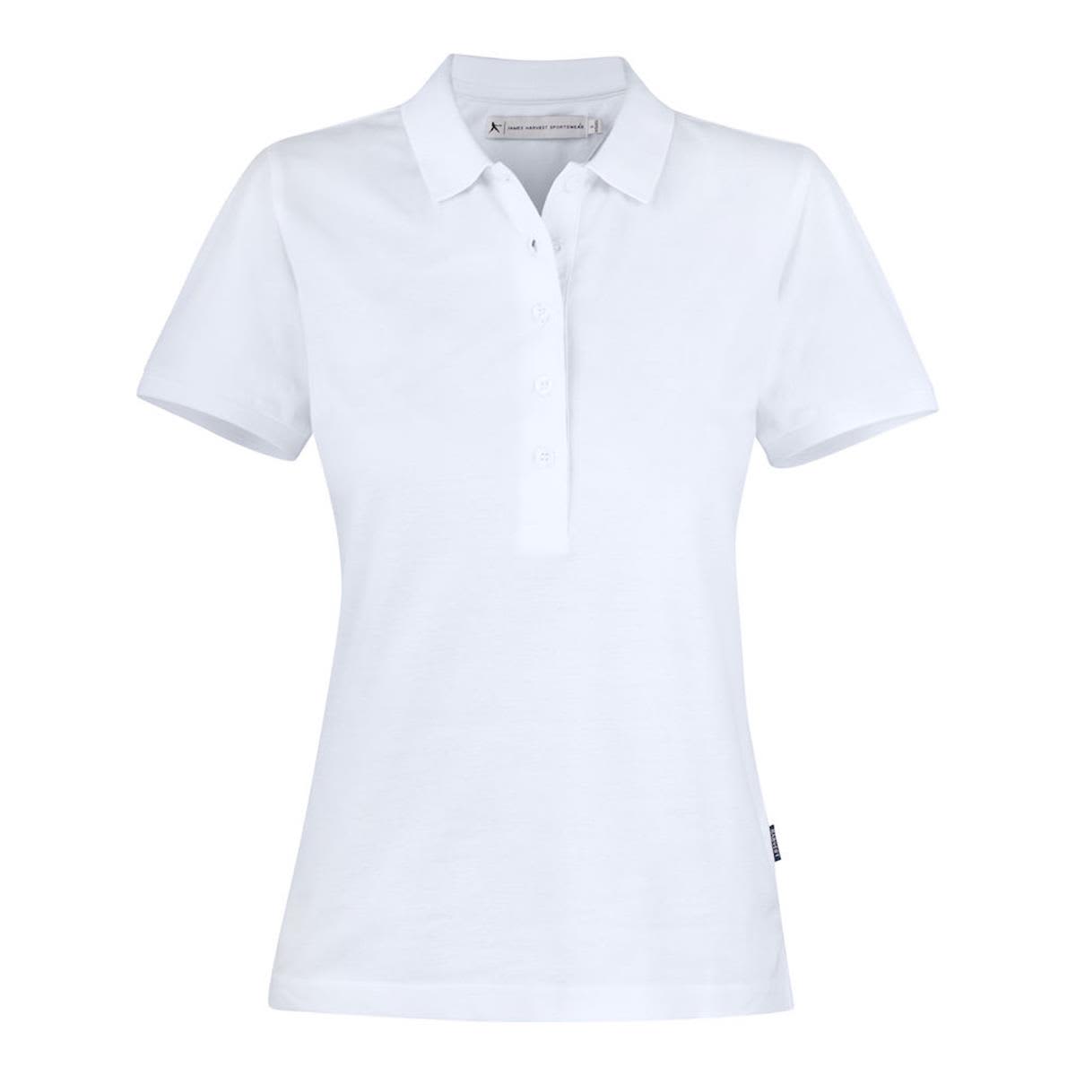 A white women's cotton polo shirt with a collar and buttoned placket, featuring a branded tag at the hem. Neptune Women's Cotton Polo - Image 1