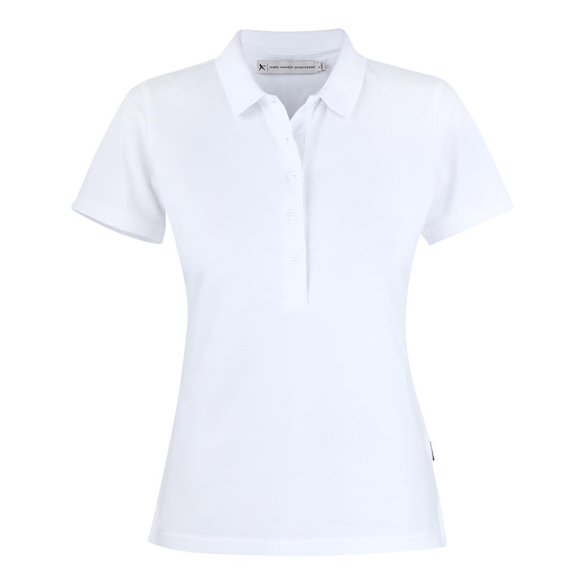 A white women's polo shirt with a collar and a button closure, featuring a logo on the side. Sunset Women's Polo - Image 1