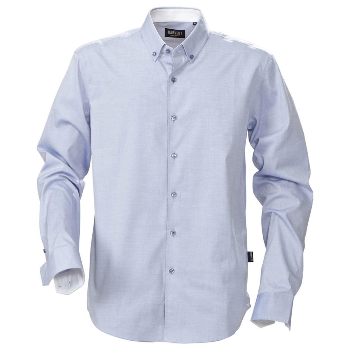 A light blue button-up shirt with a collar and long sleeves, featuring a logo on the label. Redding Men's Shirt - Image 1