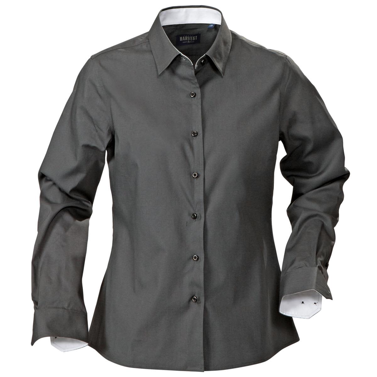 A dark grey button-up blouse with long sleeves and contrasting white cuffs. Features a collar and a front button placket. Redding Women's Blouse - Image 1