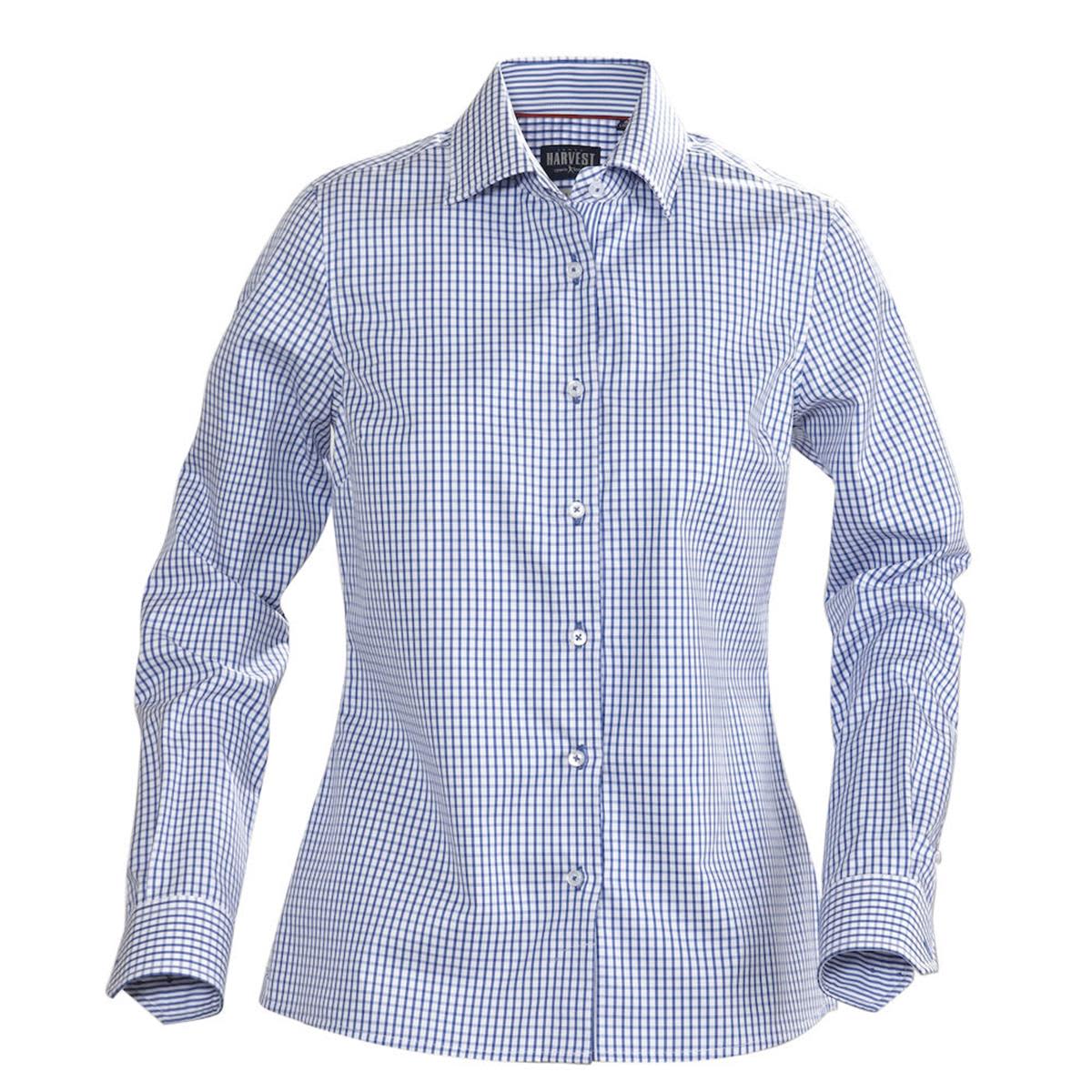 A button-up women's shirt in blue and white checkered pattern, featuring long sleeves and a collar. It has a logo. Tribeca Women's Shirt - Image 1