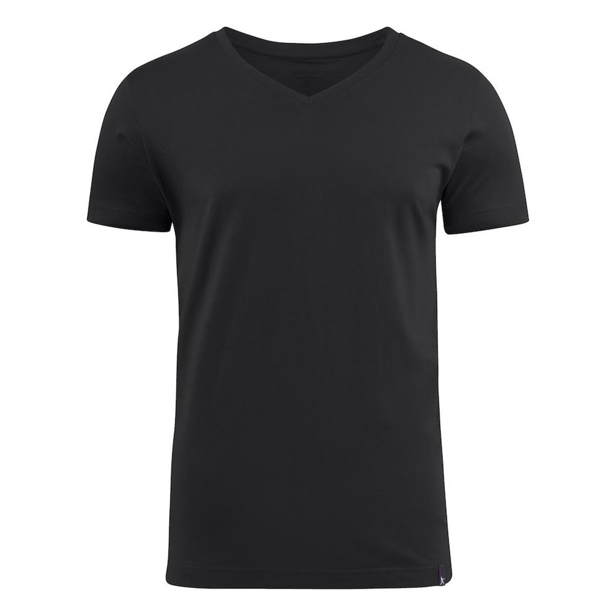 A black men's V-neck T-shirt featuring short sleeves and a logo on the hem. American V Men's V Neck Tee - Image 1