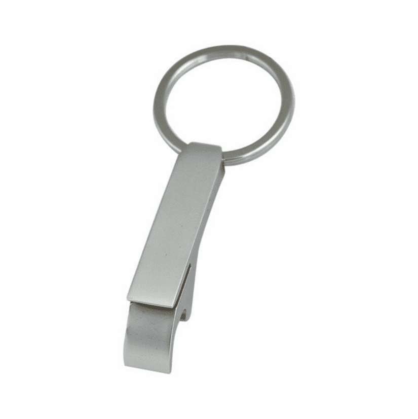 A drink bottle opener keyring in silver with a circular keyring attachment and a sleek design. It features a logo. echidna opener keyring - Image 1