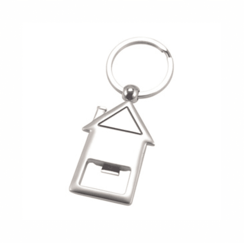 A keyring bottle opener shaped like a house, made of silver metal with a smooth finish. Pyramid keyring - Image 1