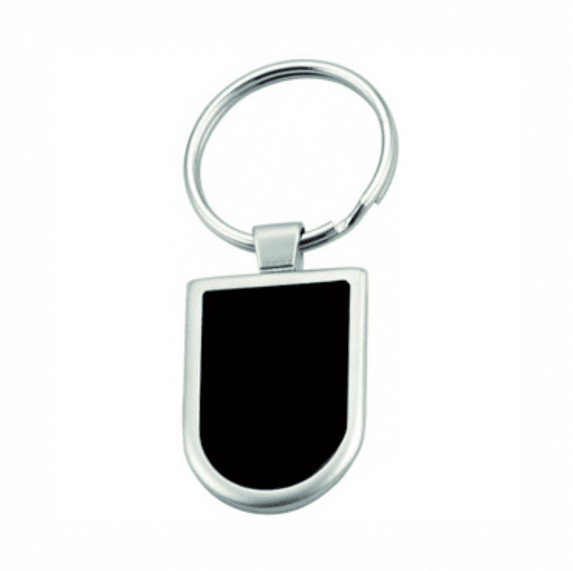 A silver keychain with a smooth, rectangular black surface for custom engraving. Homer keyring - Image 1