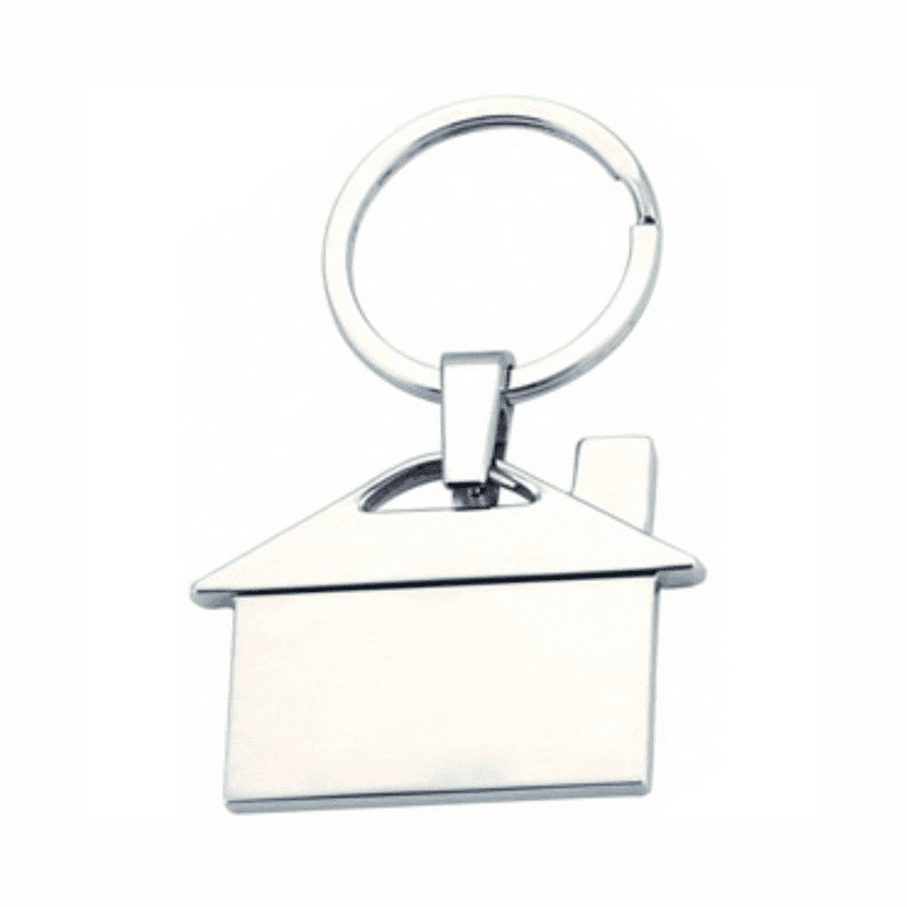 A keyring in the shape of a house, with a shiny silver finish and a circular attachment. Homekey keyring - Image 1