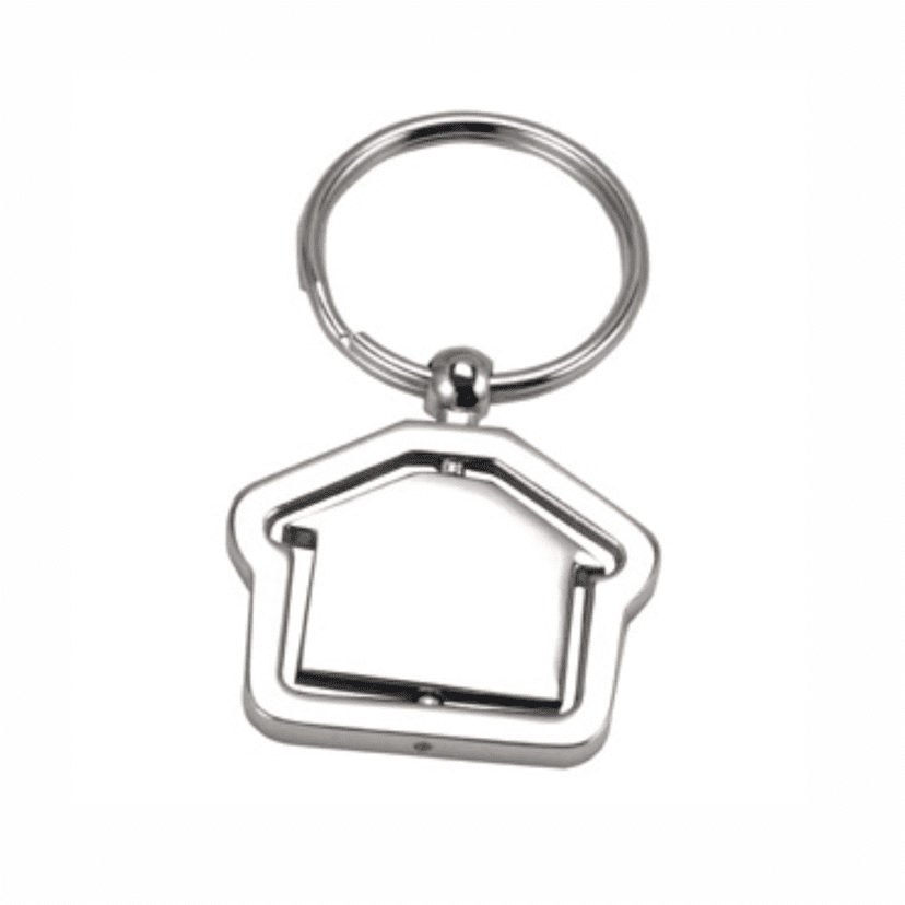 A keyring in the shape of a house, featuring a silver metallic finish and a circular attachment. Ackerly keyring - Image 1