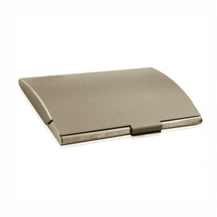 A metallic business card holder in a sleek, minimalist design with a shiny finish. It features a logo on the front. Campbell business card holder - Image 1