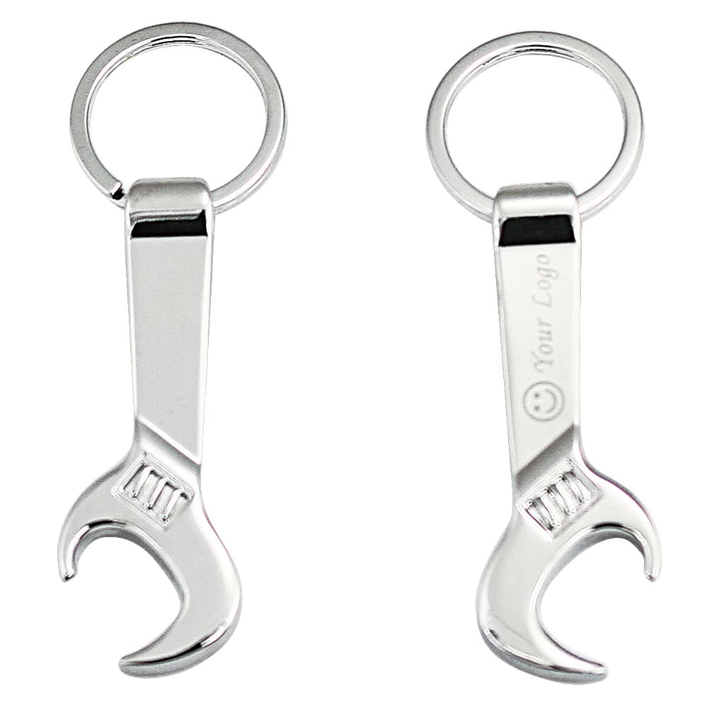 A keychain in the shape of a shiny silver wrench, featuring a circular ring for attachment and a branding area. Carolina opner keyring - Image 1