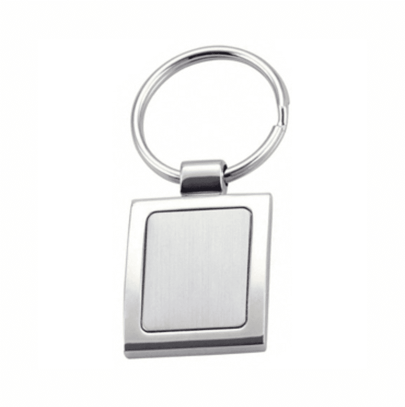 A keyring featuring a brushed silver rectangular pendant with a smooth surface for customisation. Dallas keyring - Image 1