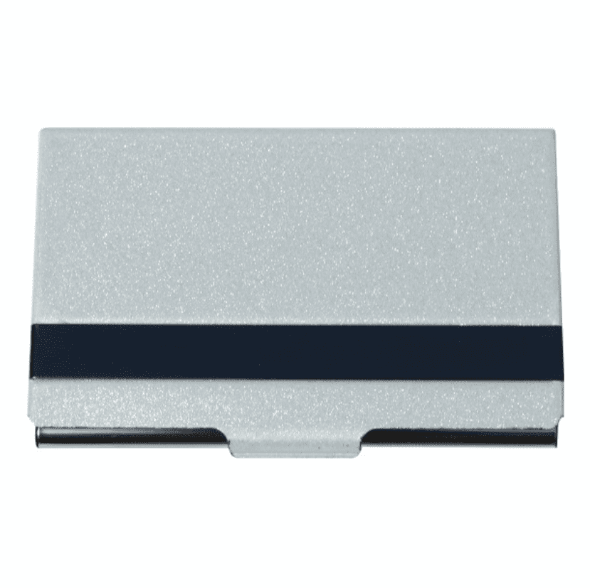 A business card holder in silver with a black stripe, featuring a logo on the front. Dalton business card holder - Image 1