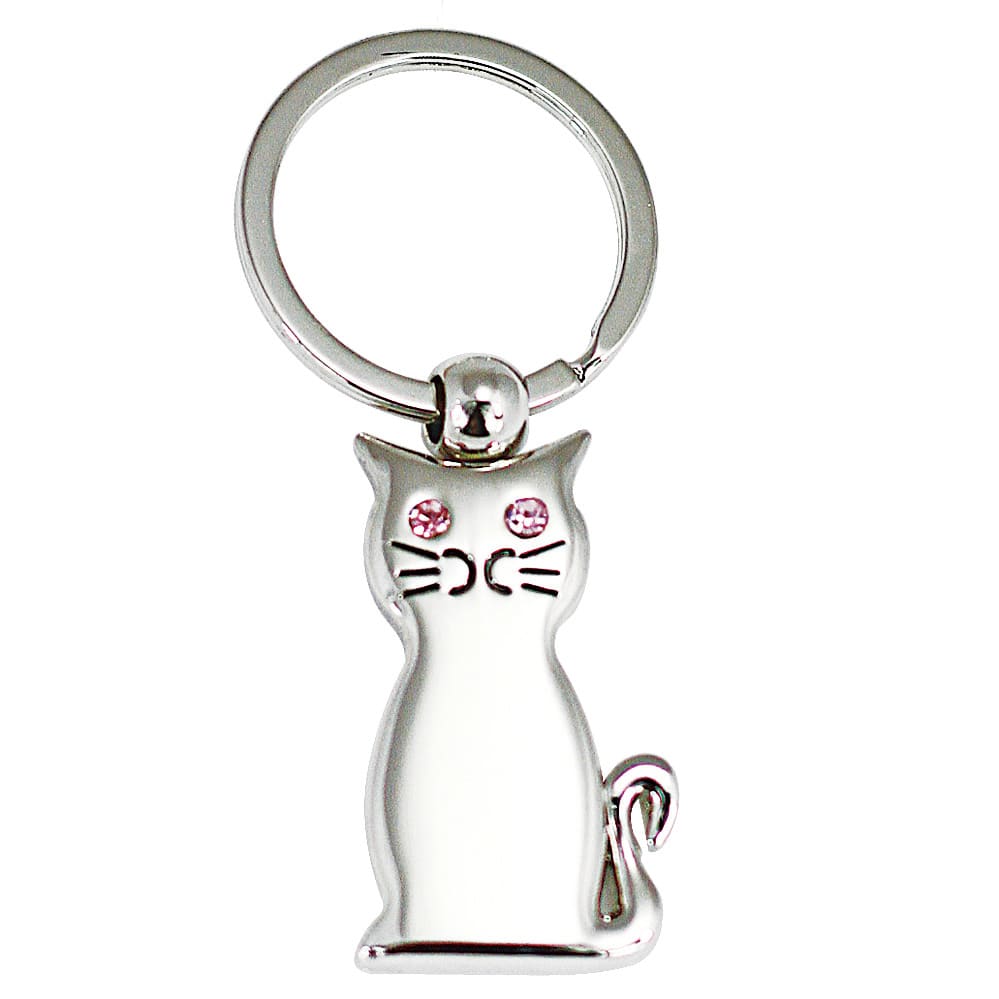 A silver keyring featuring a stylised cat design with pink accents on its eyes. Derek keyring - Image 1