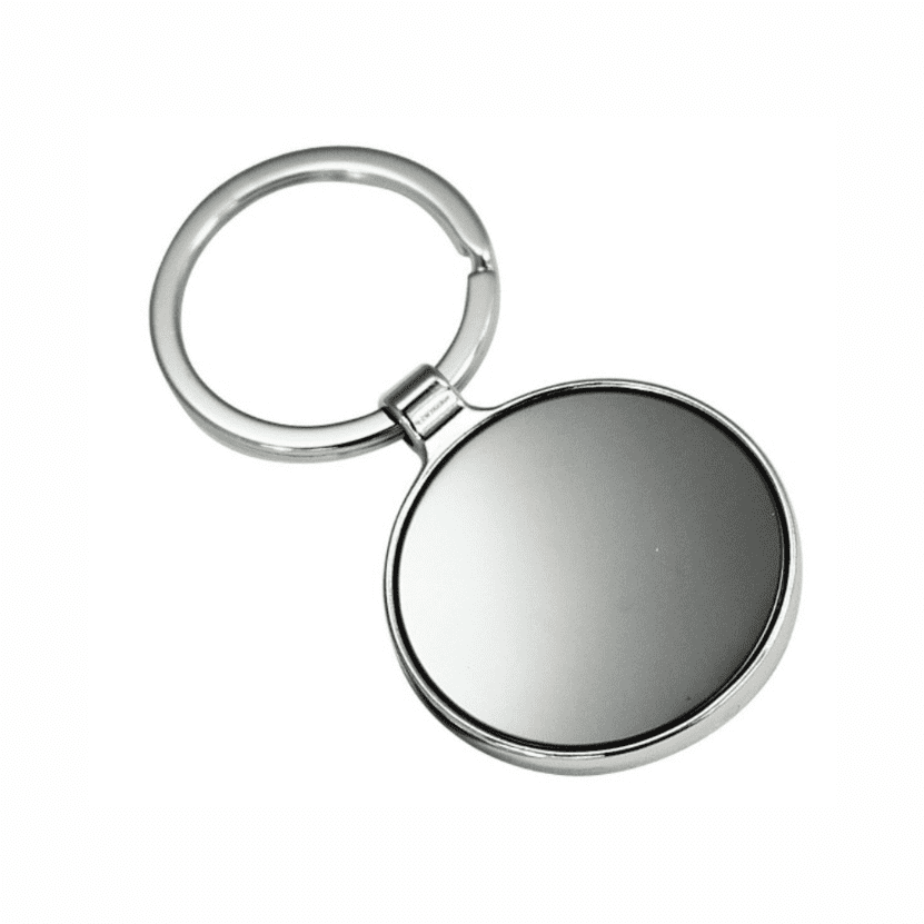 A silver keyring featuring a round mirror, ideal for personal use or as a promotional item. Edison keyring - Image 1