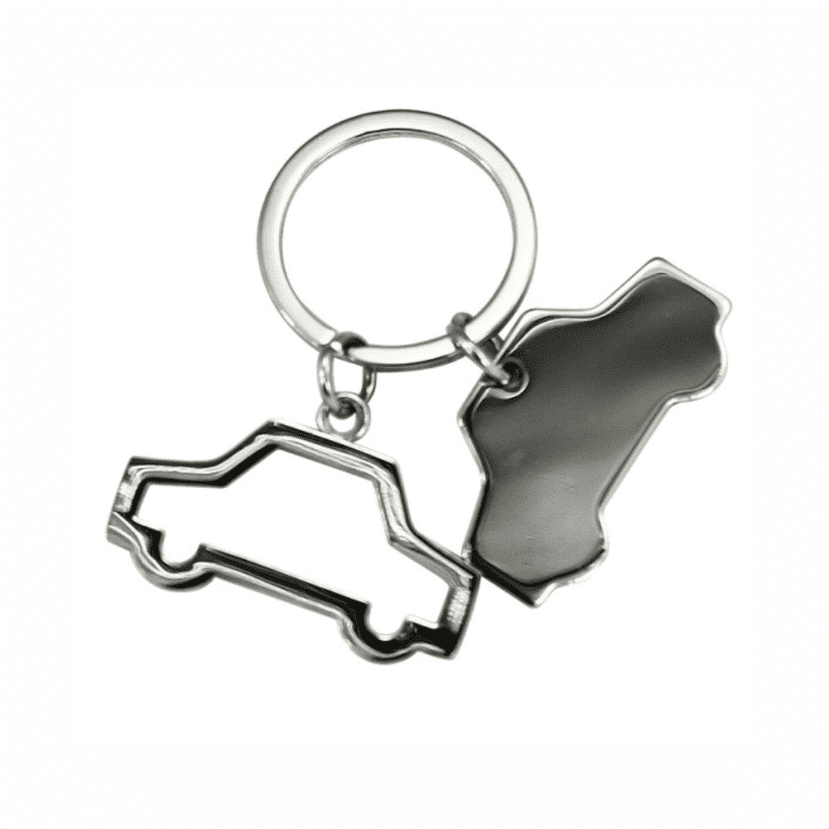 A keyring featuring a silver car silhouette and a blank shaped pendant, suitable for personalisation. Elmo keyring - Image 1