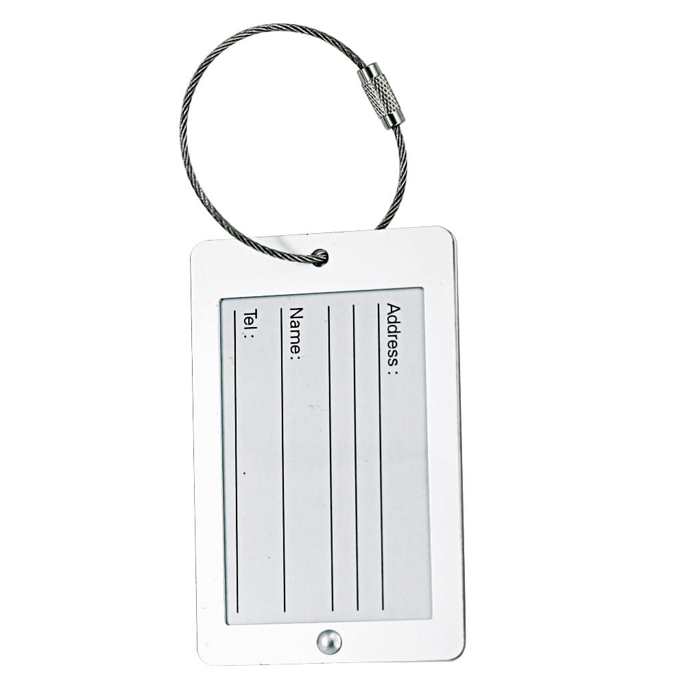 A luggage tag with a silver wire attachment, featuring sections for name and address details on a white background. Elton luggage tag - Image 1