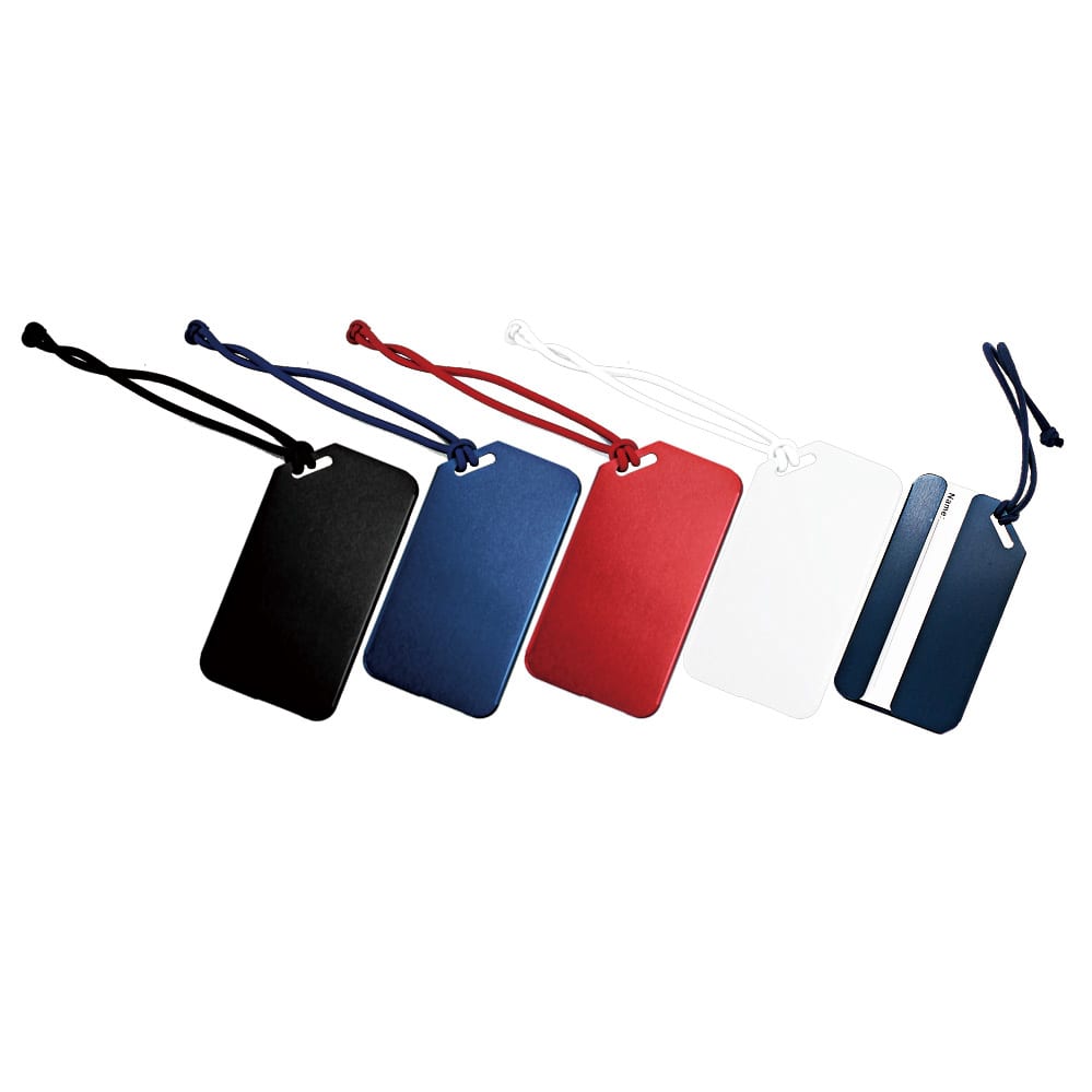 A set of luggage tags in black, red, blue, and white, with various attachments and a logo on some tags. Emily luggage tag - Image 1