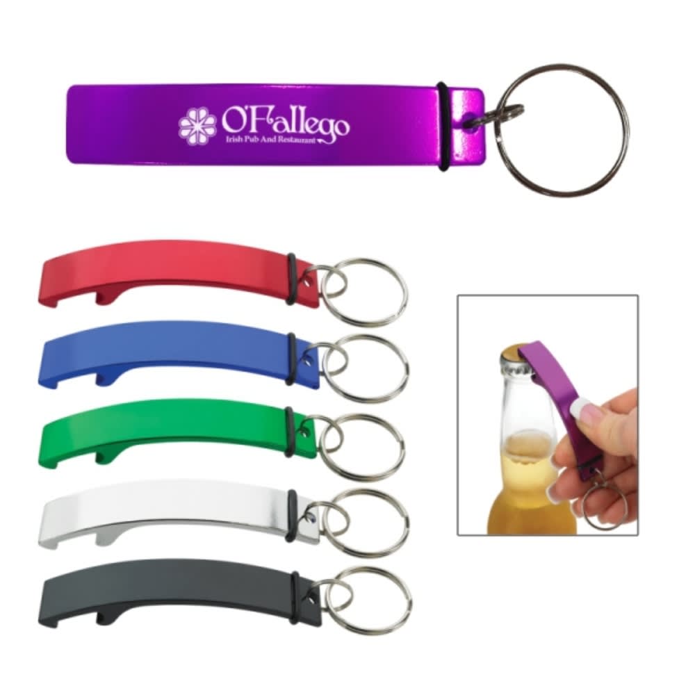 A bottle opener keychain set in purple, red, blue, green, white, and black with a keyring attachment. Francis opener keyring - Image 1