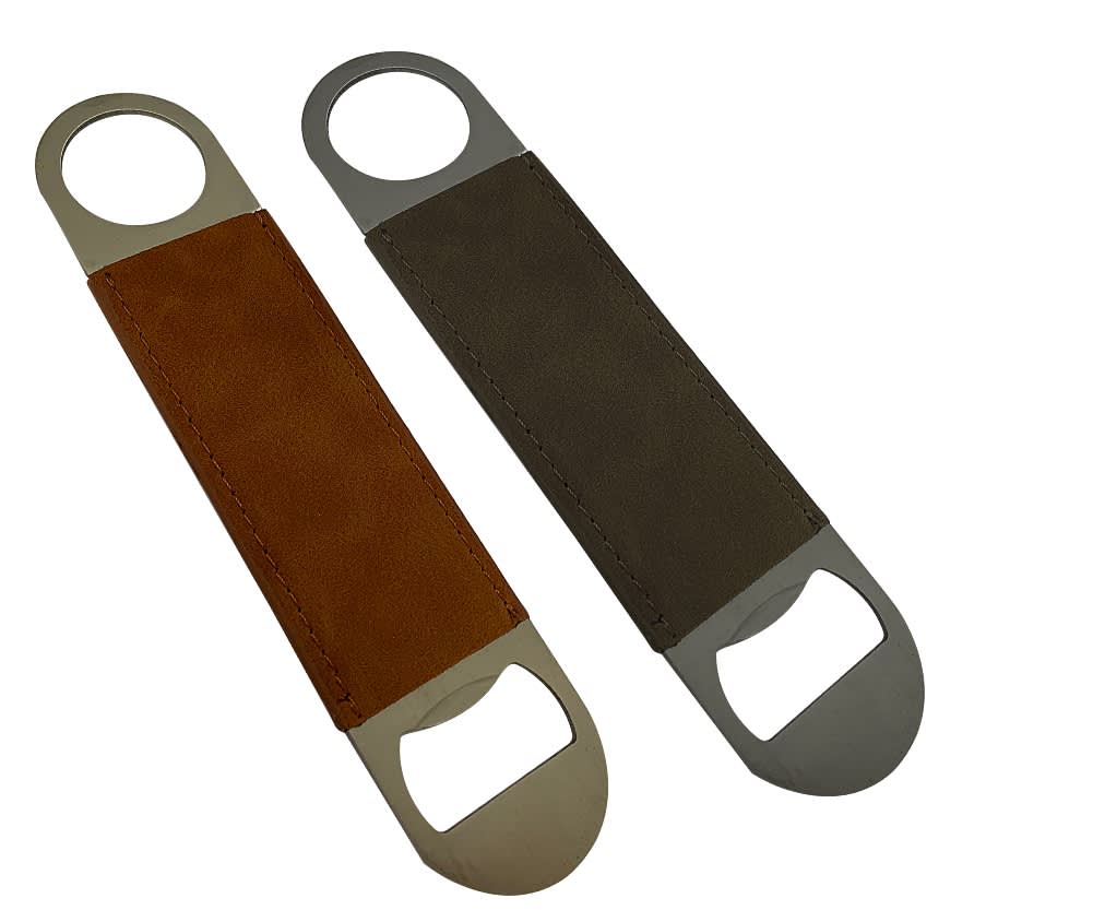 Two bottle openers with leather-like handles in tan and grey, featuring metal ends and a circular hole for hanging. Garrison bottle opener - Image 1
