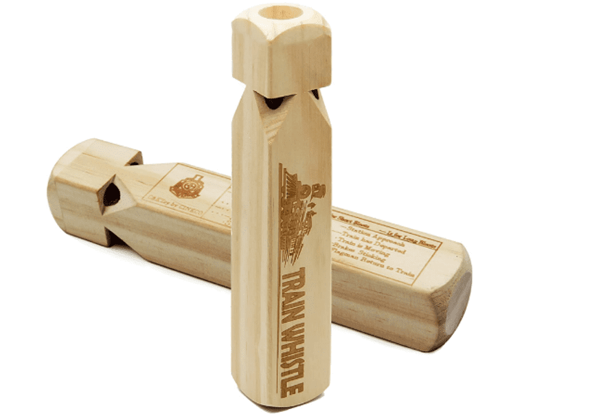 A wooden train whistle in natural wood finish, featuring engraved details and a simple design. Includes branding on the back. Wooden Train Whistle - Image 1