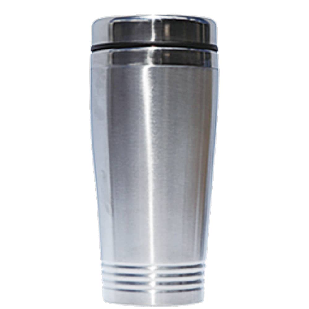 A stainless steel coffee mug with a sleek design and a lid, featuring a silver finish and a logo. Gipson double wall stainless steel car mug - Image 1