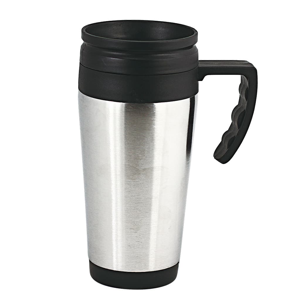 A stainless steel coffee mug with a black plastic lid and handle, suitable for drinkware use. Goldberg double wall car mug - Image 1