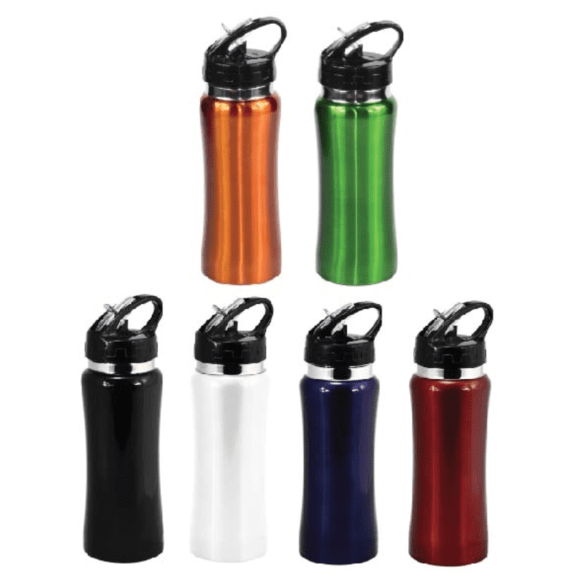 A drink bottle collection featuring black, white, red, orange, green, and blue colours with a black lid and spout. Goldsmith single wall stainless steel drink bottle - Image 1
