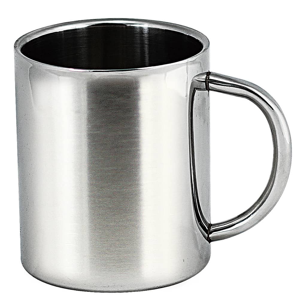 A stainless steel coffee mug with a handle and a sleek, polished finish. Features branding on one side. Goodwin doule wall stainless steel coffee mug - Image 1