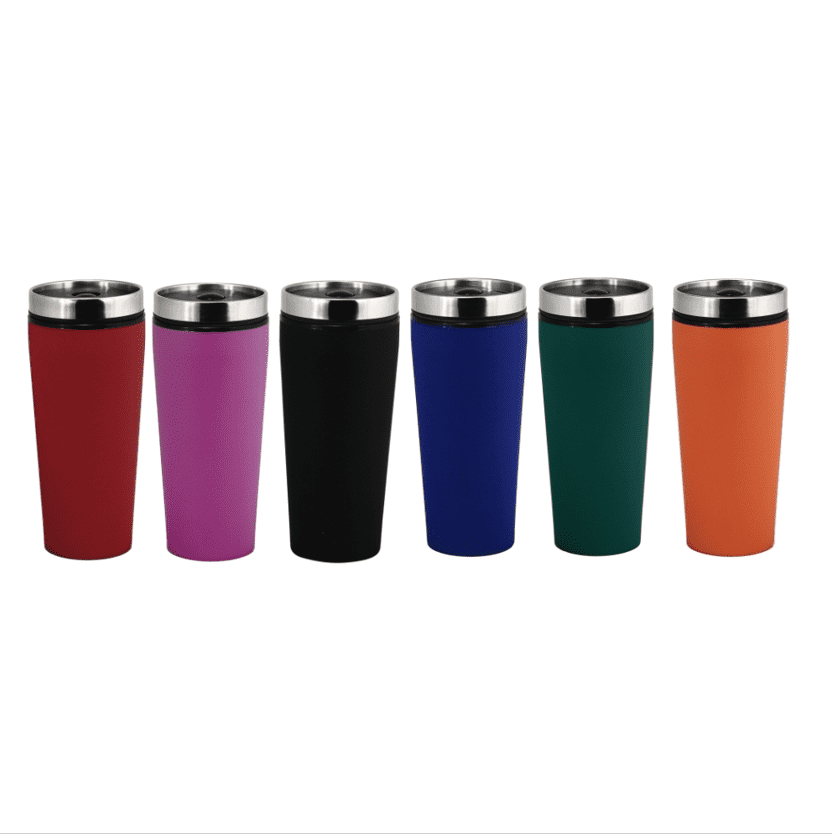 A drink bottle set featuring six travel mugs in red, pink, black, blue, green, and orange with stainless steel accents. Grace doule wall coffee mug - Image 1