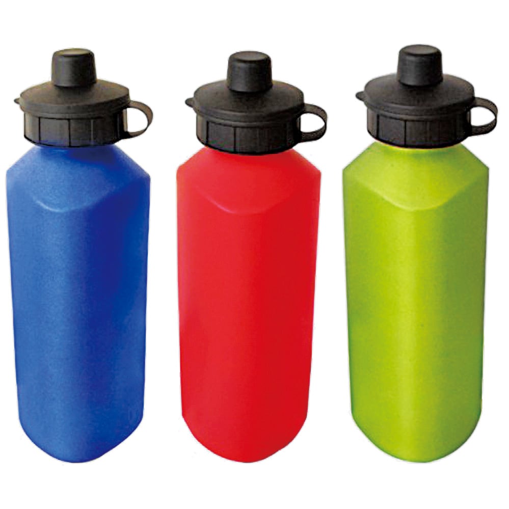 A drink bottle set featuring blue, red, and green bottles with black caps and a logo on each. Harrington single wall aluminun drink bottle - Image 1