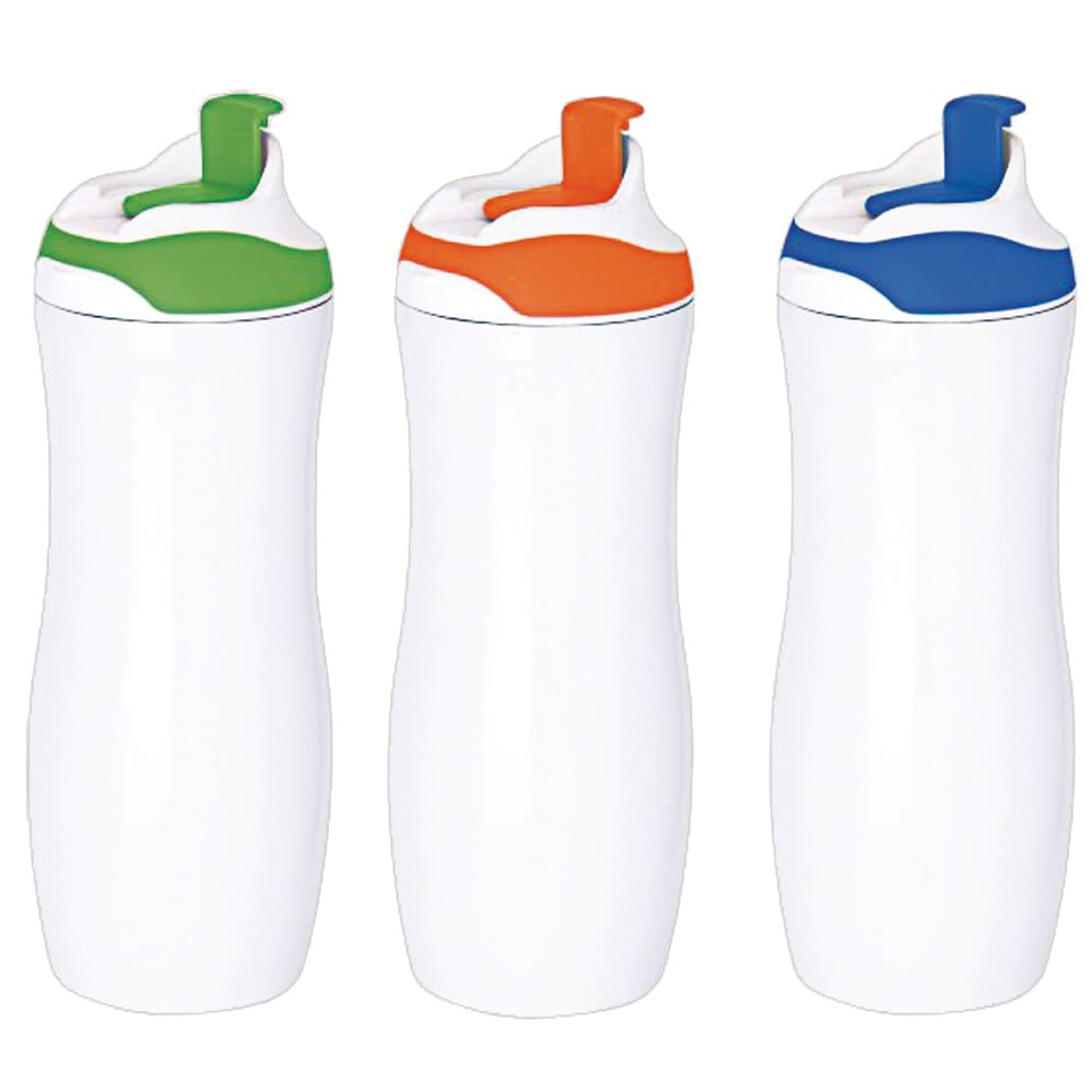 A drink bottle set featuring three bottles with white bodies and coloured lids in green, orange, and blue. Each has a logo. Harris double wall stainless steel vaccum drink bottle - Image 1