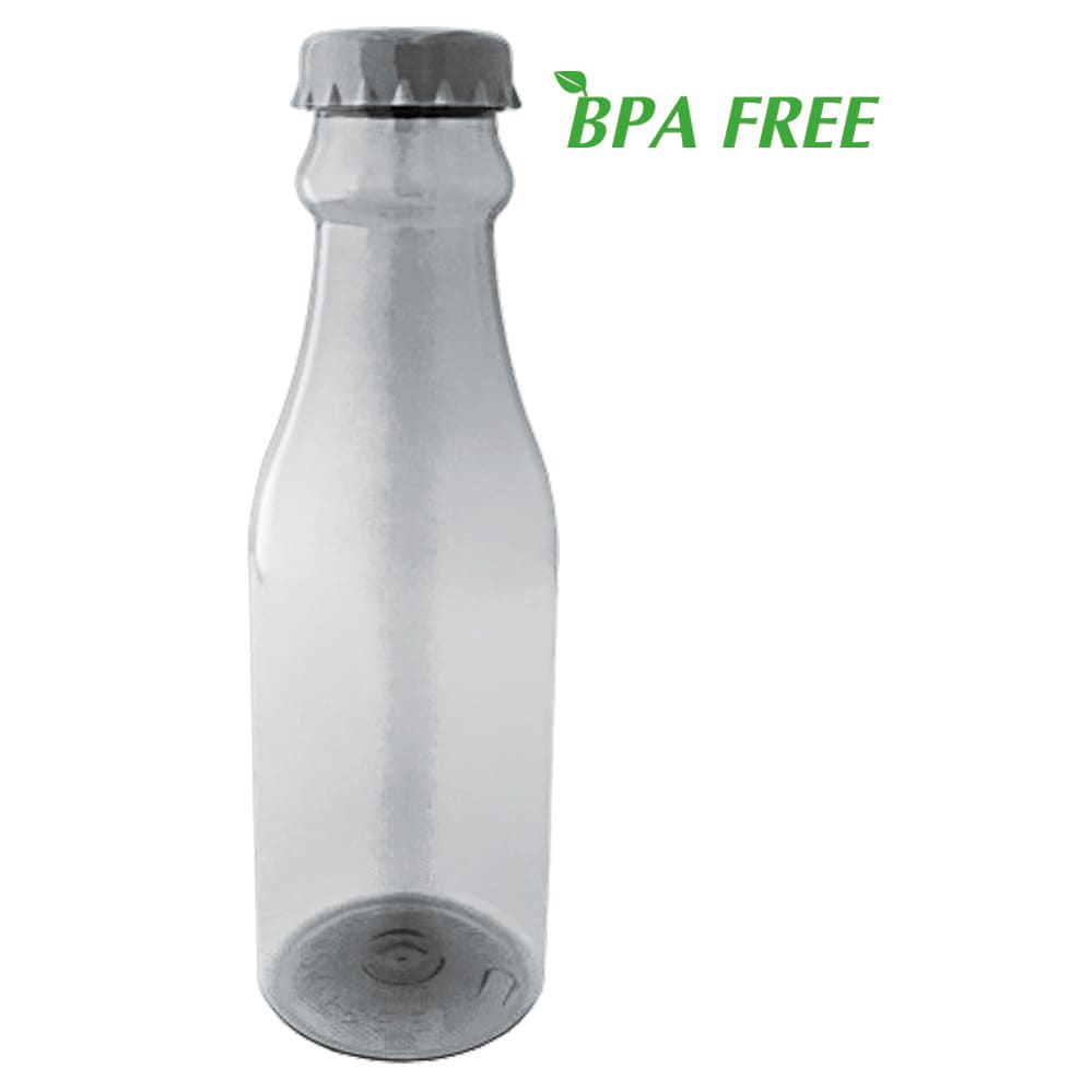 A drink bottle in a translucent greyish shade with a grey lid, featuring a logo. BPA free label visible. Ivory tritan plastic bottle - Image 1