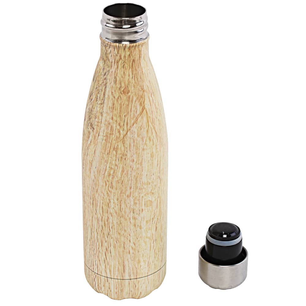 A drink bottle with a wood-like finish and a stainless steel cap, featuring a logo on the body. Kimberley double wall stainless steel vaccum drink bottle - Image 1