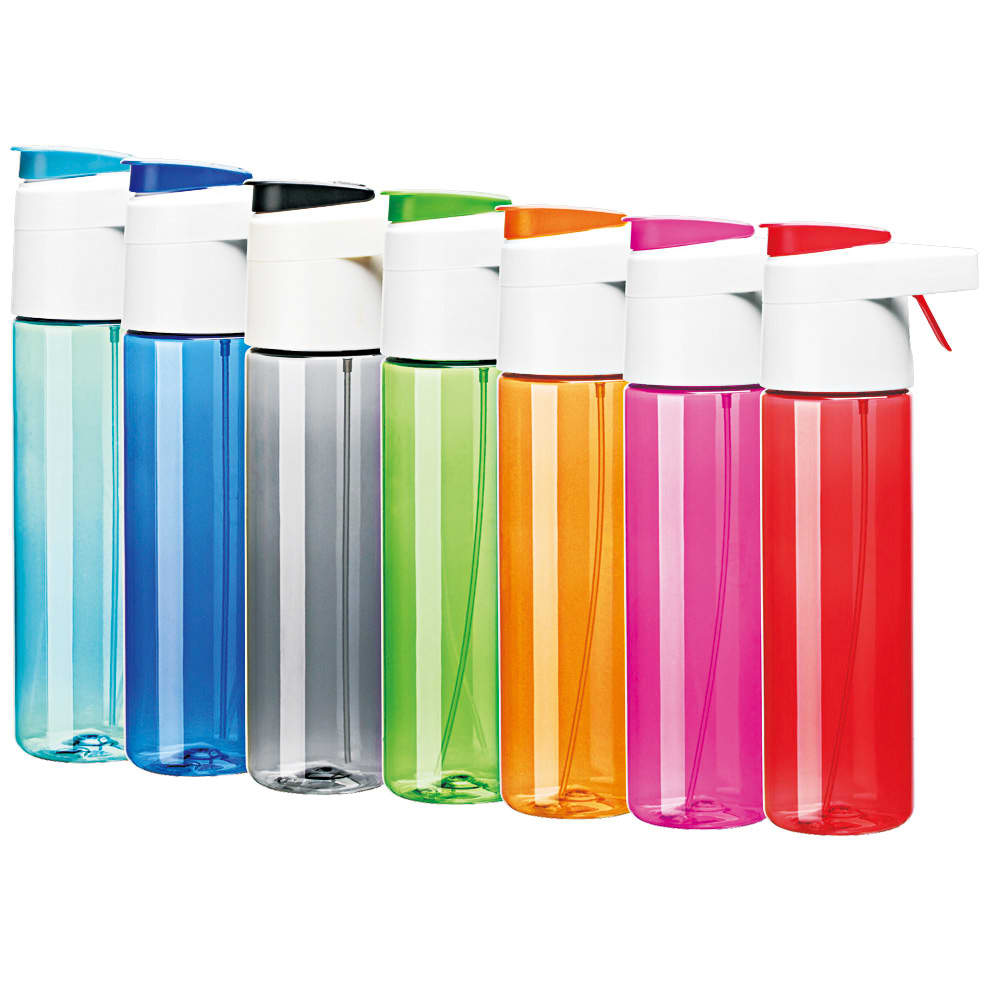 A drink bottle collection featuring eight bottles in blue, grey, green, orange, pink, and purple, each with a white nozzle and logo. Kitty tritan plastic bottle - Image 1