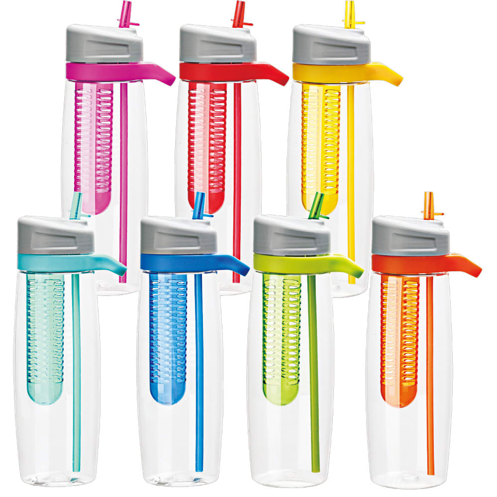 A drink bottle collection featuring various colours: pink, red, yellow, green, blue, and clear with straws and infusers. Knight tritan plastic bottle - Image 1