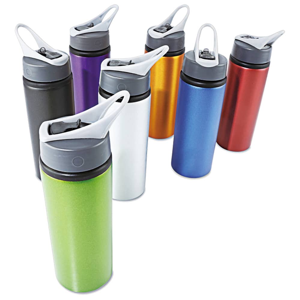 A drink bottle collection in various colours, including green, red, blue, purple, orange, black, and white, with a logo. Laura single wall aluminum drink bottle - Image 1