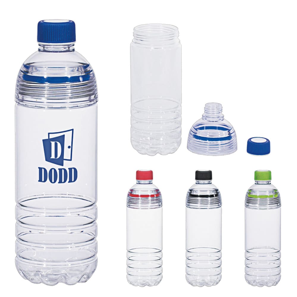 A drink bottle in clear plastic with various coloured caps and an associated logo on one bottle. Lauren tritan plastic bottle - Image 1