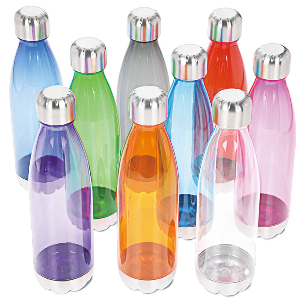 A drink bottle collection featuring various colours including purple, green, orange, blue, and pink, with silver caps. Laurie tritan plastic bottle - Image 1