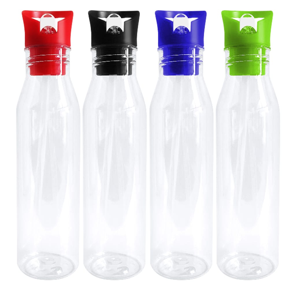 A drink bottle collection featuring clear plastic bodies with red, black, blue, and green lids. Each bottle has a logo. Lilian tritan plastic bottle - Image 1