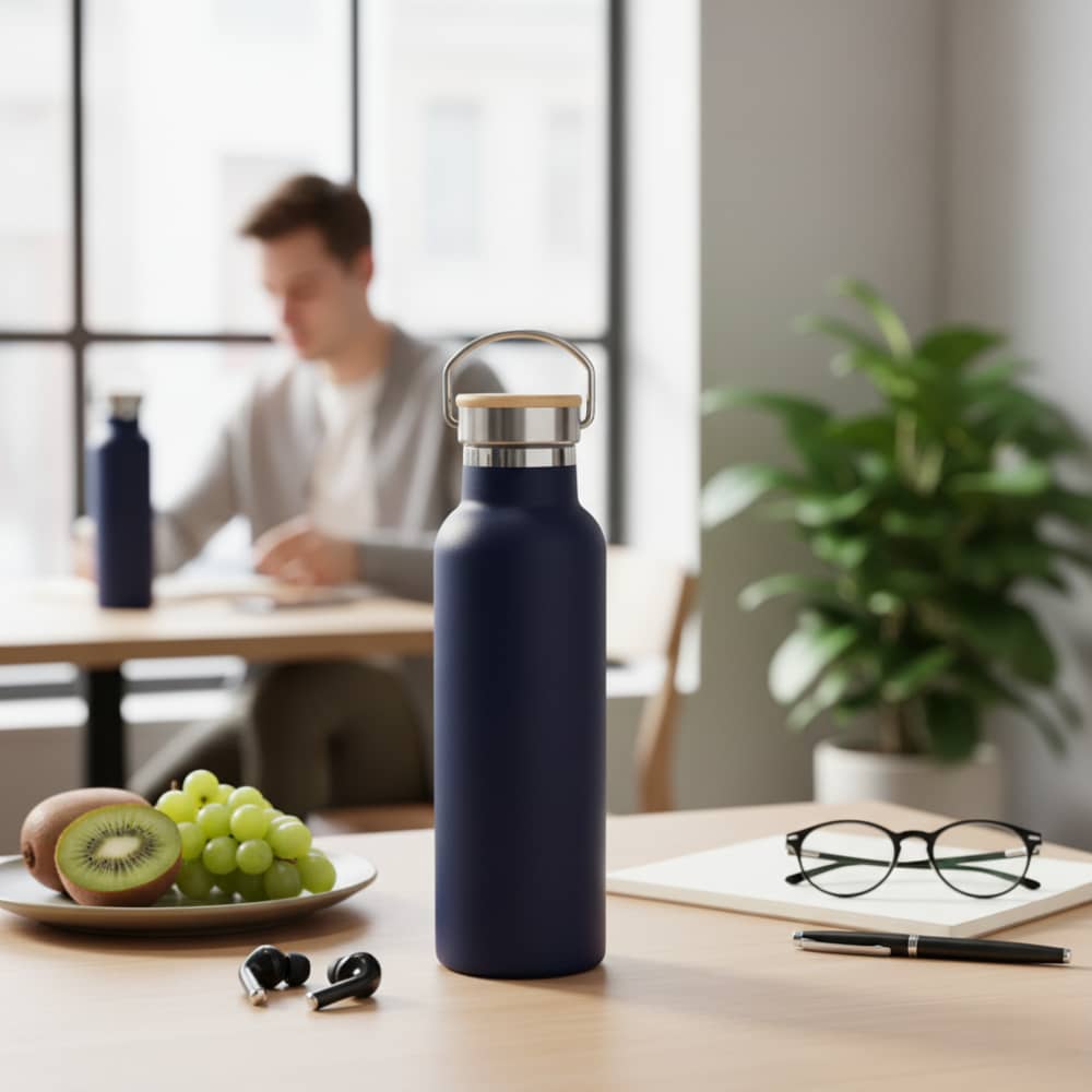 A drink bottle in navy blue with a silver lid, set on a table alongside fruit, glasses, and stationery. Auzure Bottle double wall stainless steel vaccum drink bottle - Image 1