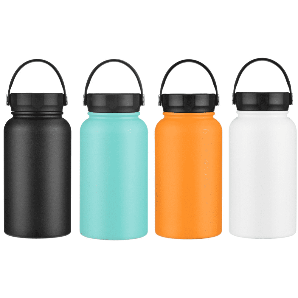 A drink bottle collection featuring black, teal, orange, and white colours, each with a black lid and handle. Madonna double wall stainless steel vaccum drink bottle - Image 1