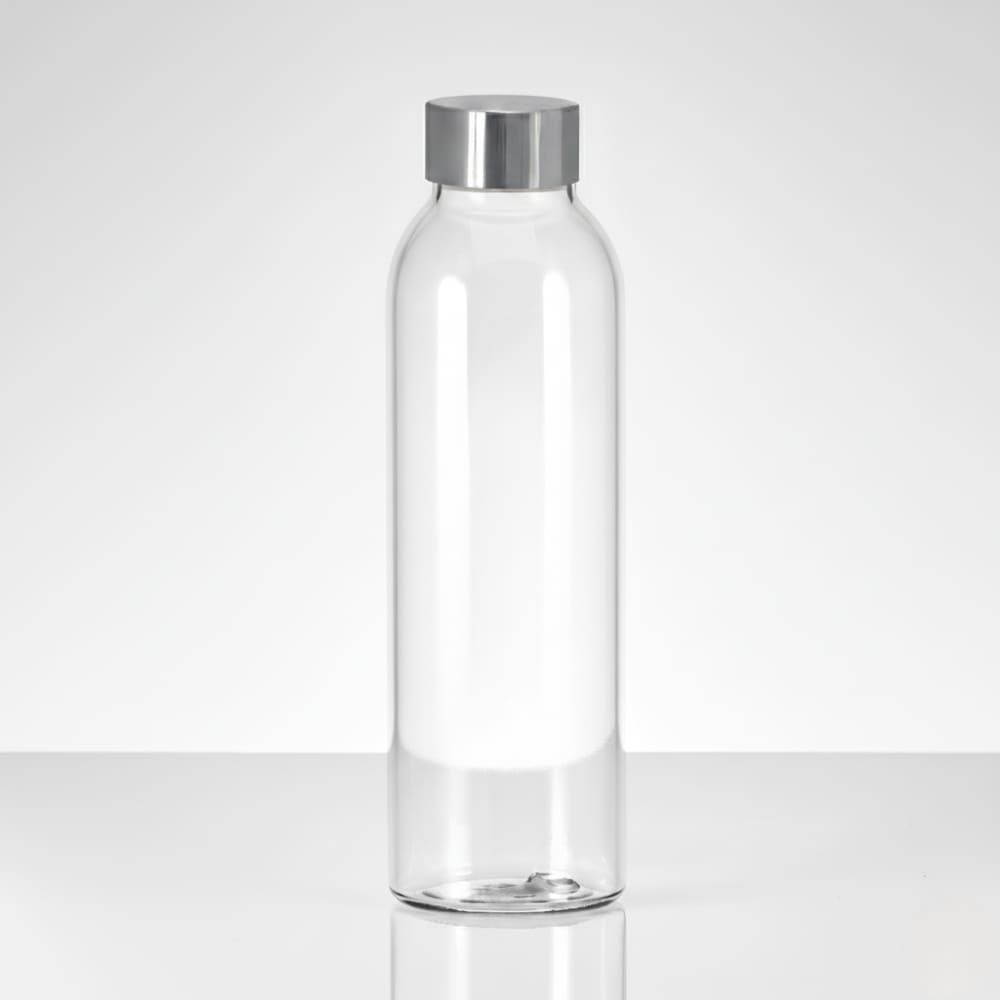 A drink bottle with a clear glass body and a silver metal lid. Mario glass bottle - Image 1