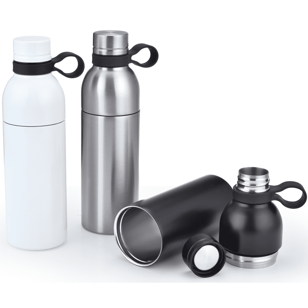 A drink bottle collection featuring white, stainless steel, and black designs, each with a looped cap. Marshall double wall stainless steel vaccum drink bottle - Image 1