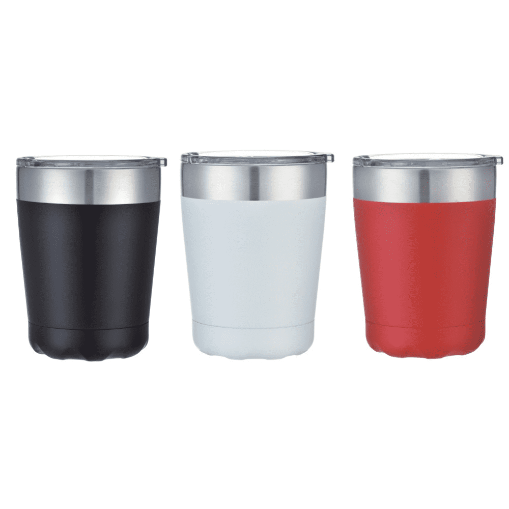 A drinkware set featuring three coffee mugs in black, white, and red, each with a stainless steel lid and a logo. Maxwell double wall stainless steel vaccum coffee mug - Image 1