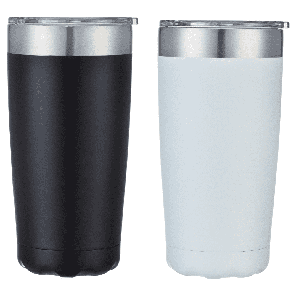 A drink bottle set featuring one black and one white stainless steel mug, both with a silver rim and lids. Maxwell double wall stainless steel vaccum coffee mug - Image 1
