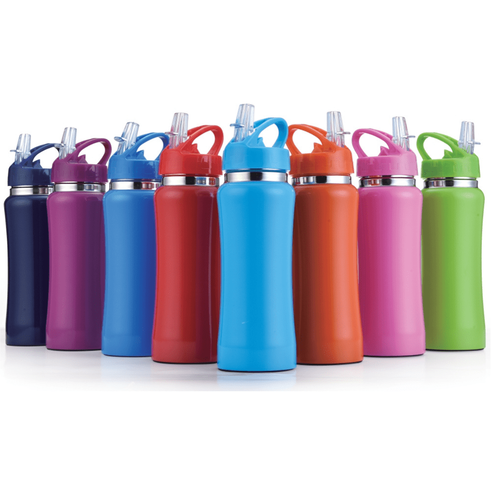 A drink bottle collection featuring various colours including blue, purple, pink, orange, and green, all with a straw lid. Joey double wall stainless steel vaccum drink bottle - Image 1