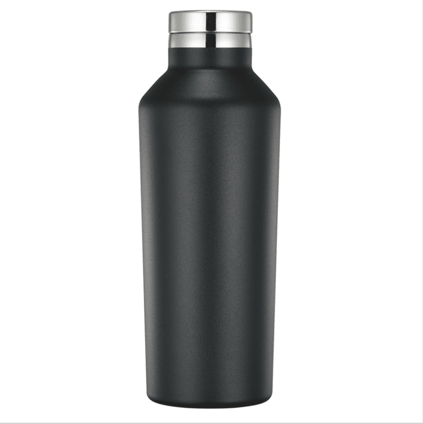 A drink bottle in matte black, featuring a sleek design and a silver screw-top lid. It includes a branding logo. Newton double wall stainless steel vacuum drink bottle - Image 1