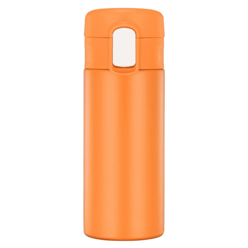 An orange drink bottle with a sleek design and a built-in flip top. It features a logo on the surface. Nicholas double wall stainless steel vaccum drink bottle - Image 1