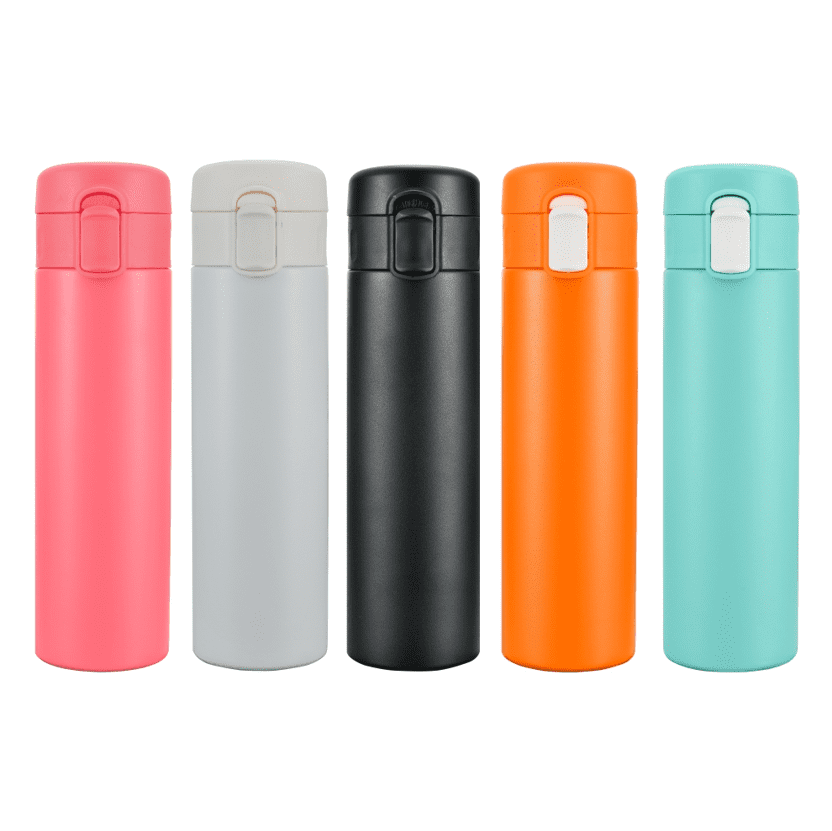 A drink bottle collection featuring pink, grey, black, orange, and turquoise designs, each with a logo. Nicholas double wall stainless steel vaccum drink bottle - Image 1