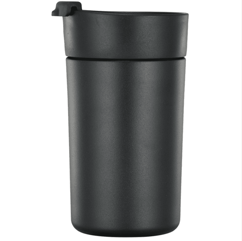 A drink bottle in matte black, featuring a lid and a sleek design with a logo. Noah double wall stainless steel vaccum coffee mug - Image 1
